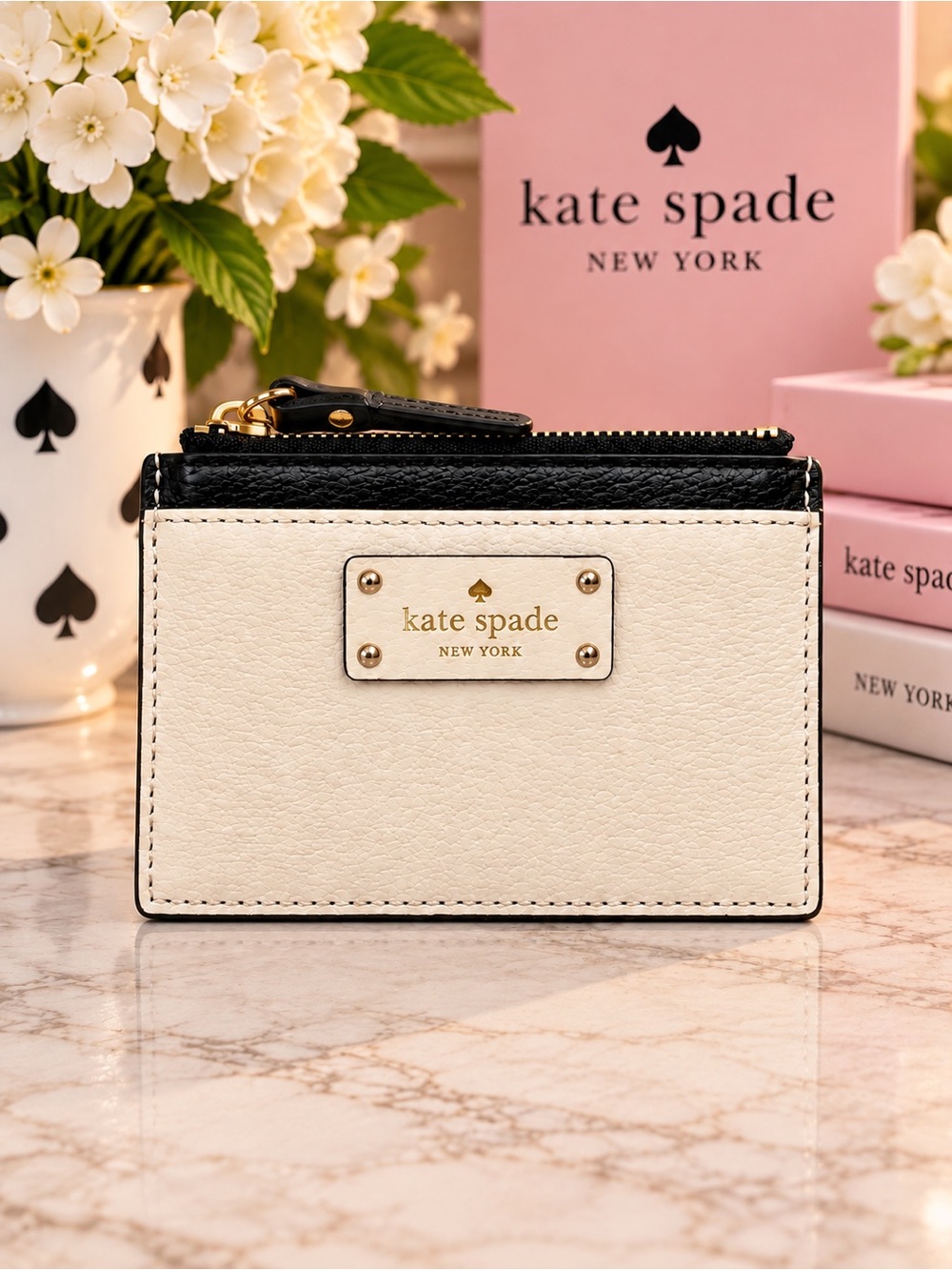 Kate Spade Adi Grove Street Leather Zip Card Holder Black Cream